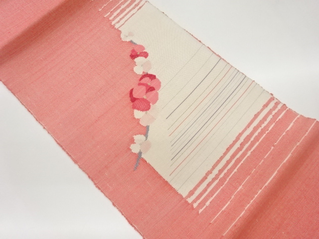 手織り真綿紬変わり横縞に花々模様織出し名古屋帯